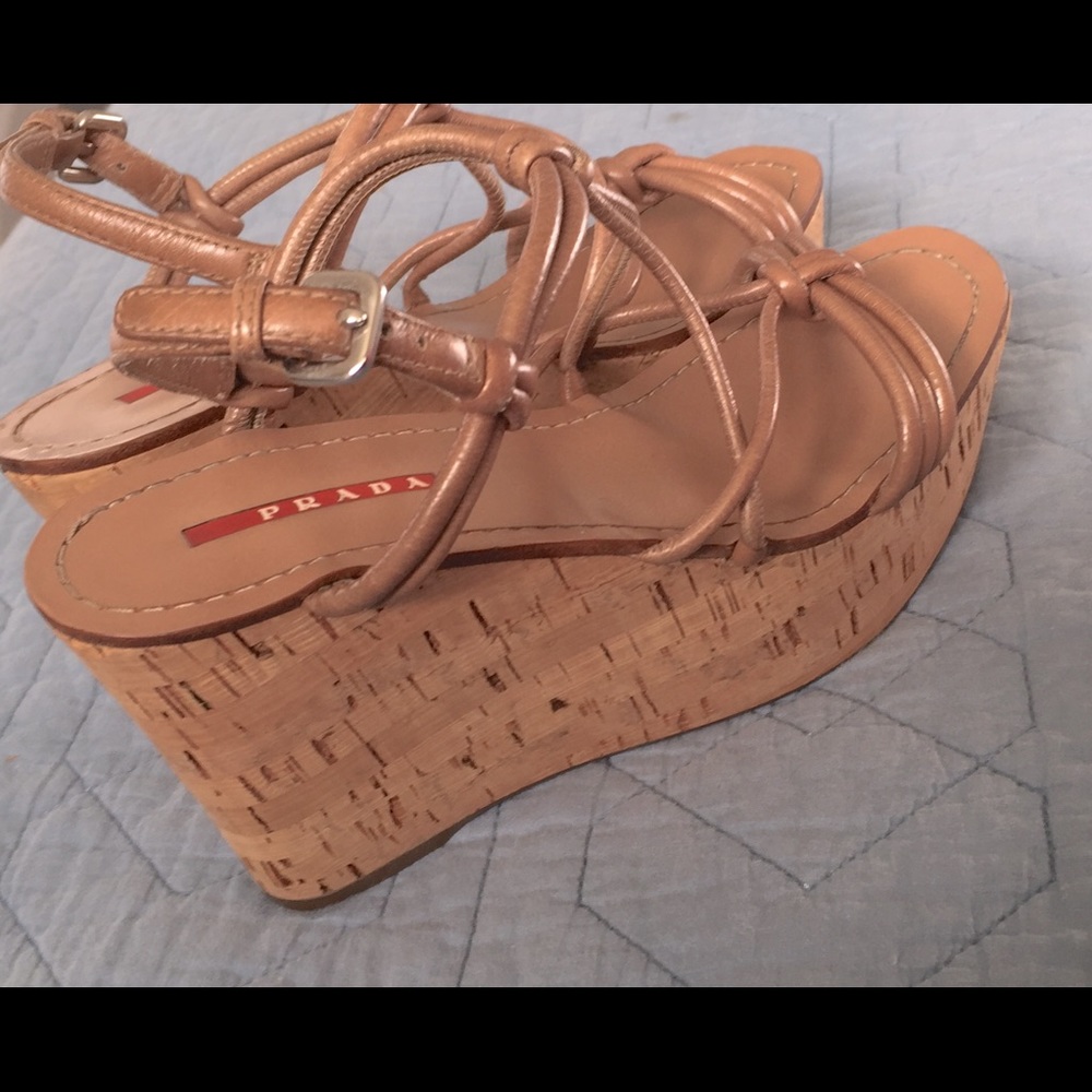 PRADA Cannella Strappy Knot Cork Wedges-Conditioned Leather - FREE Shipping!